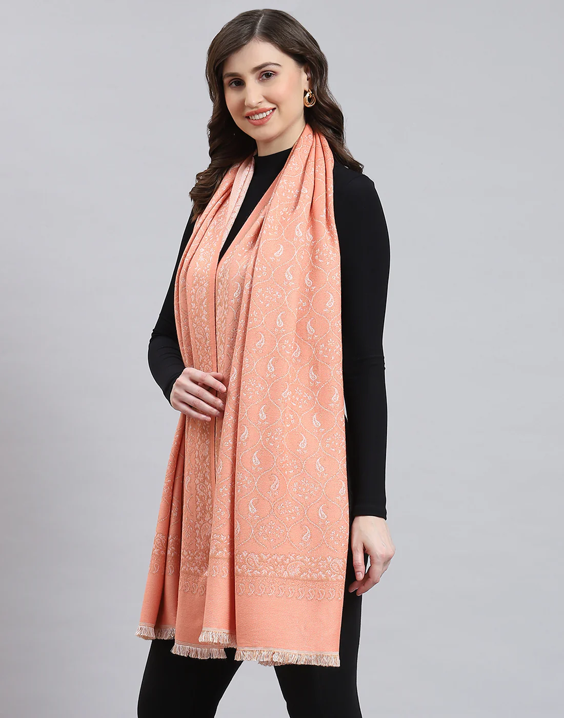 Women Peach Self Design Stole - Image 3