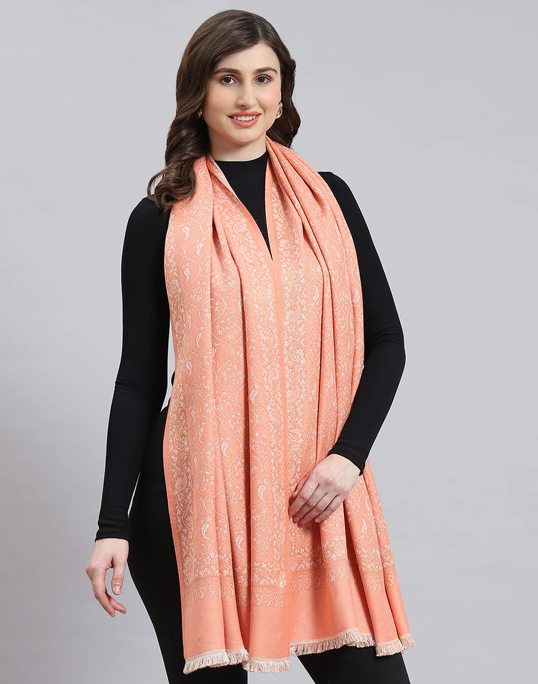 Women Peach Self Design Stole - Image 4
