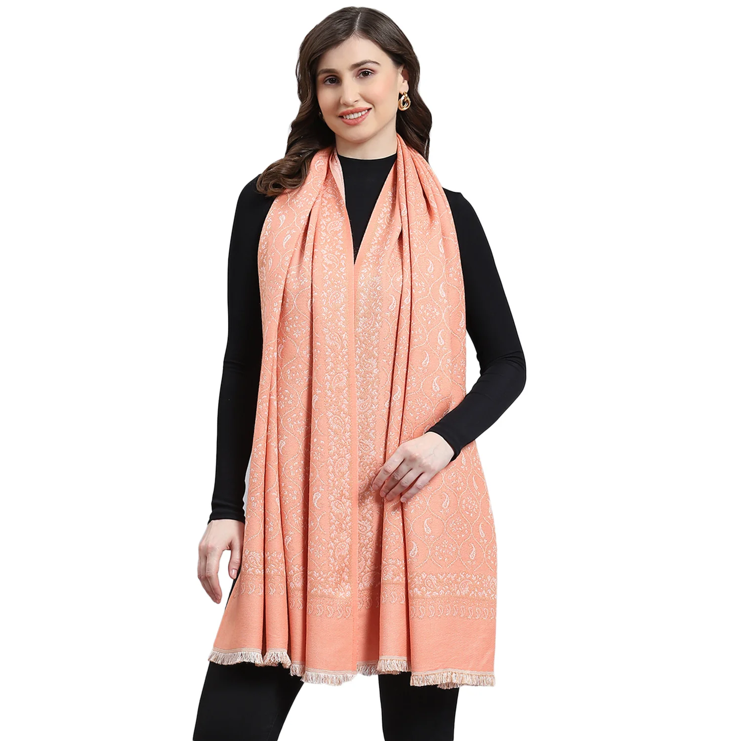 Women Peach Self Design Stole - Image 5