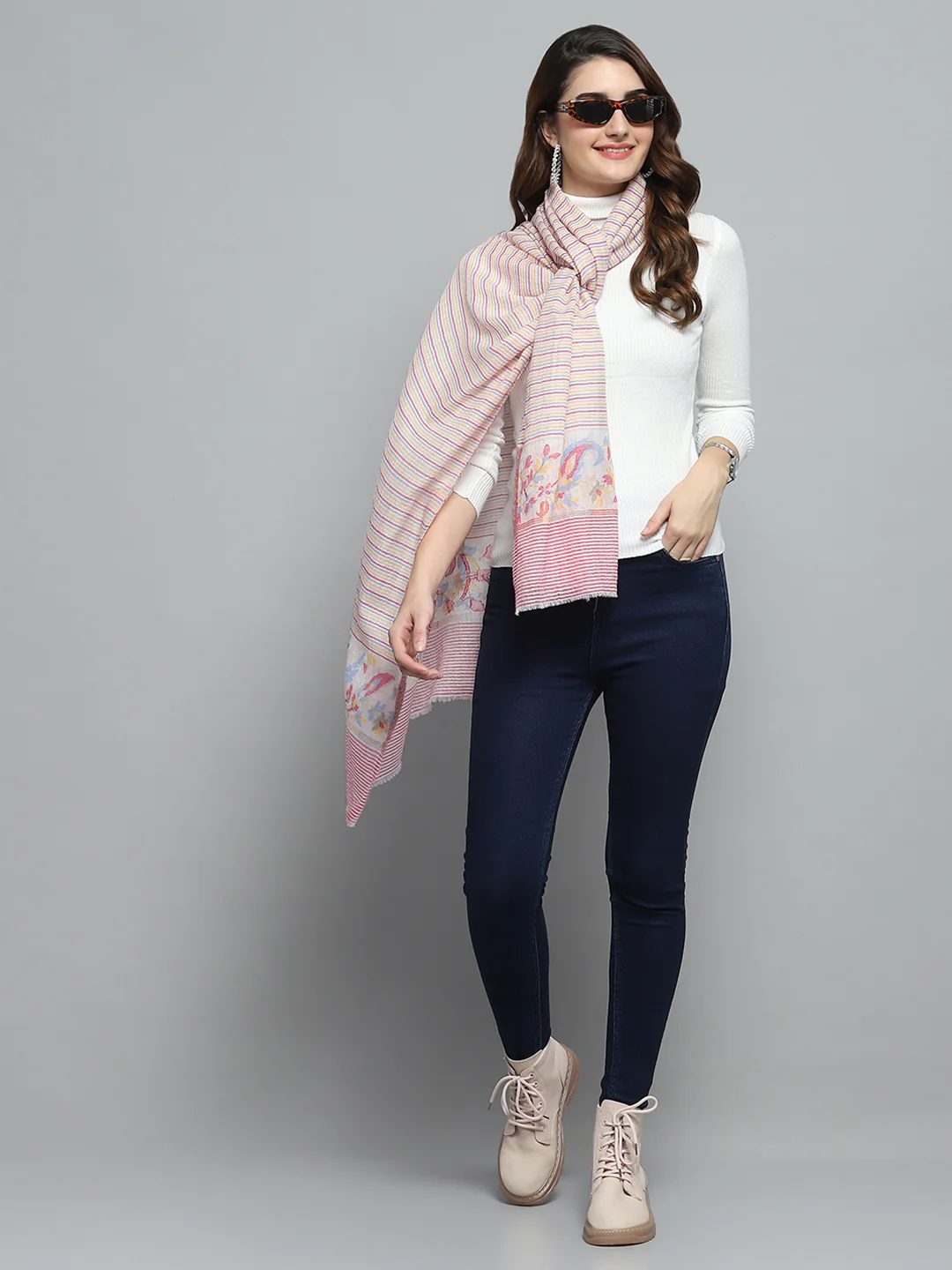 Women Peach Self Design Stole - Image 2