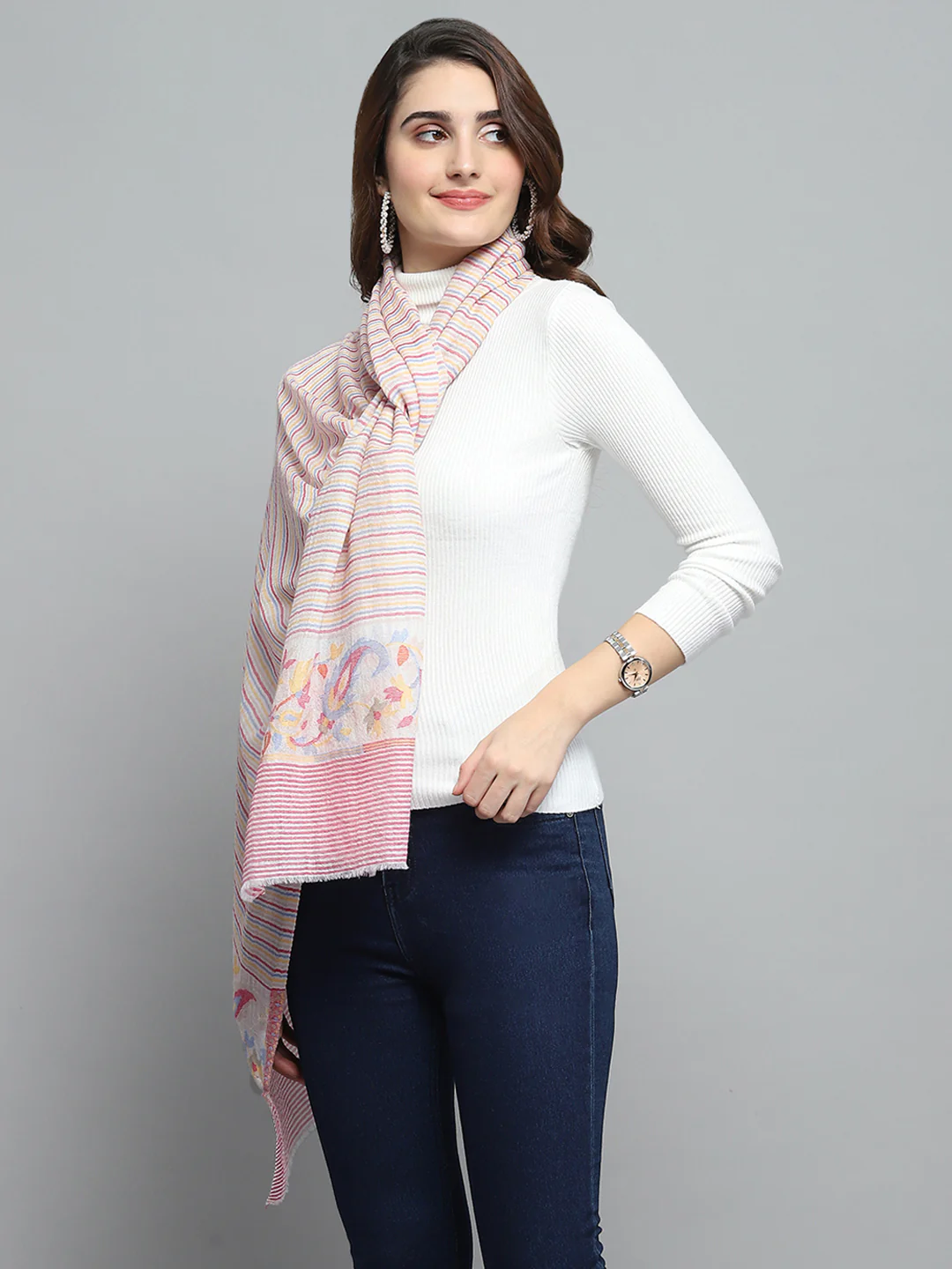 Women Peach Self Design Stole - Image 3
