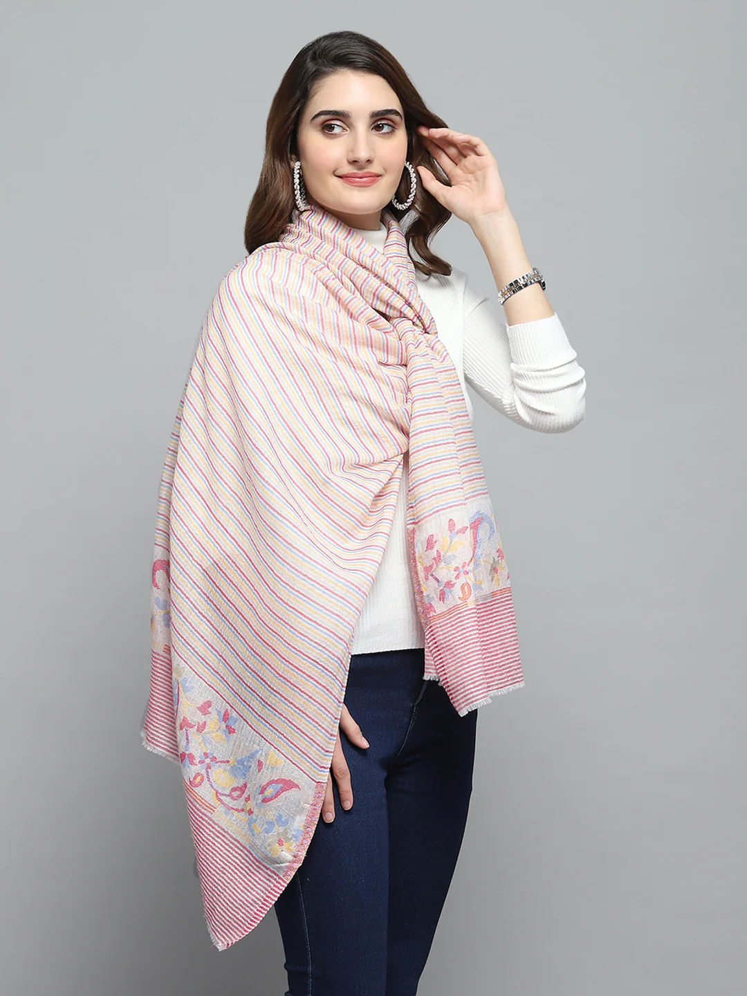 Women Peach Self Design Stole - Image 4