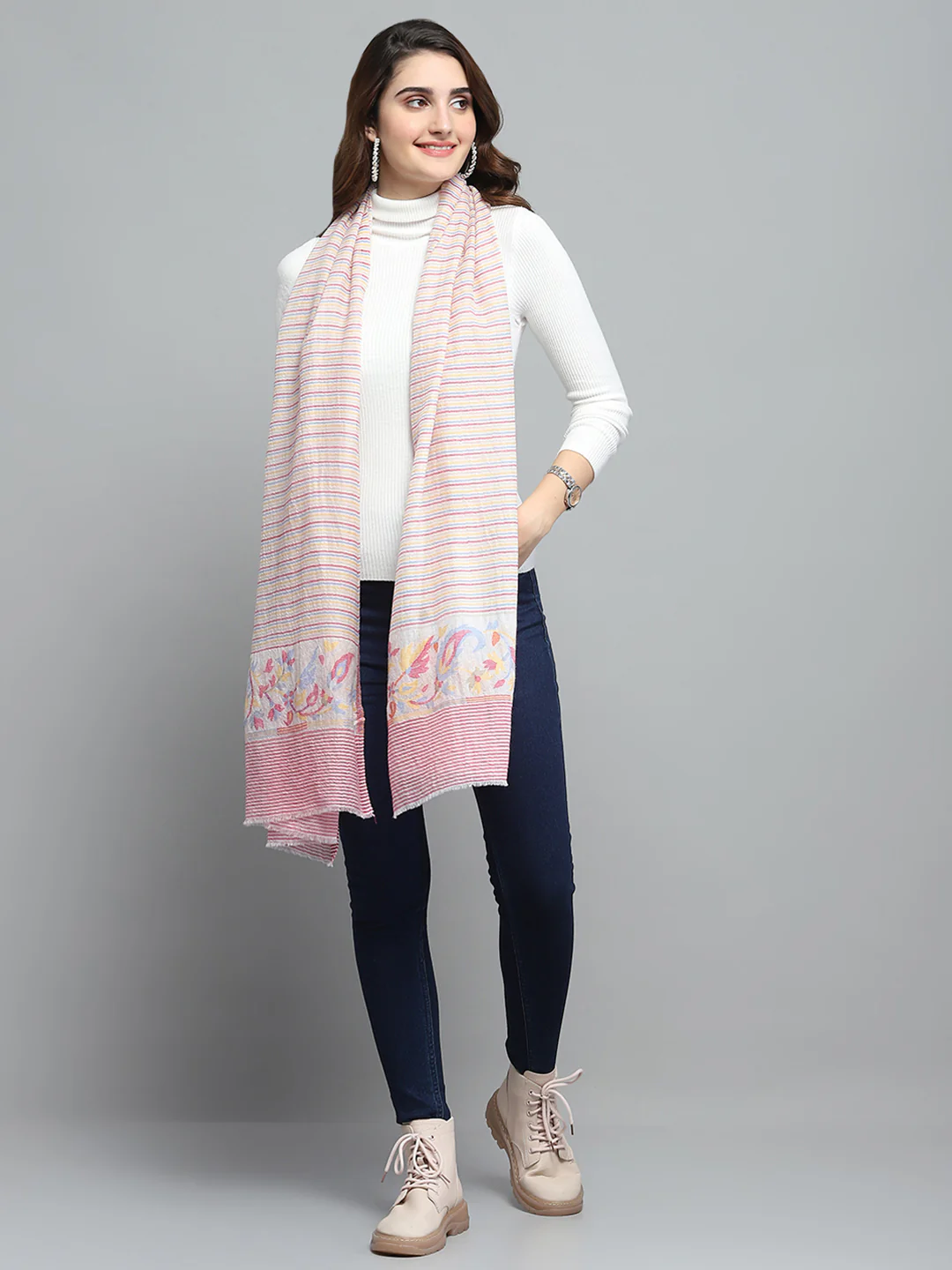 Women Peach Self Design Stole - Image 5
