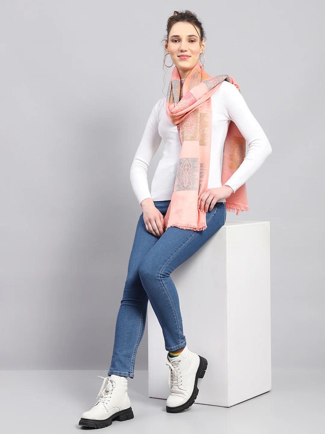 Women Peach Self Design Stole - Image 2