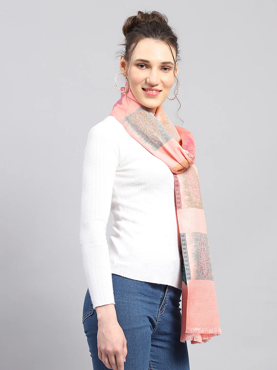 Women Peach Self Design Stole - Image 5
