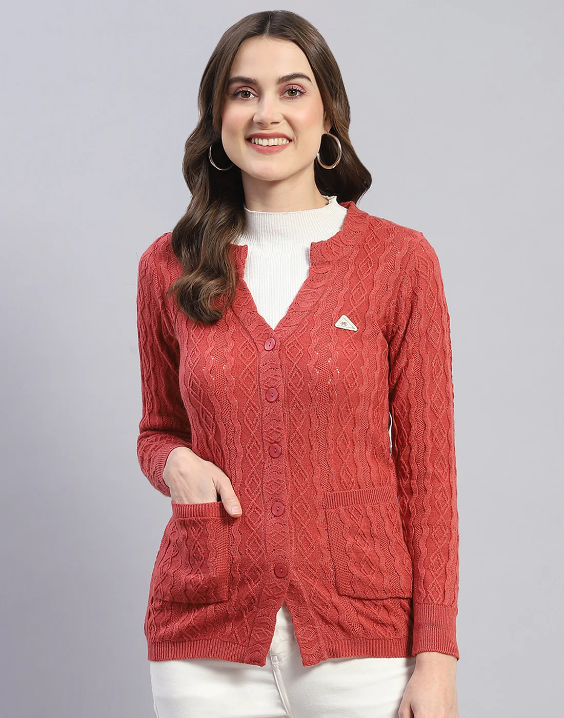 Women Peach Self Design V Neck Full Sleeve Cardigan - Image 2