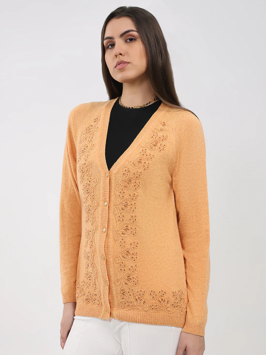 Women Peach Self Design V Neck Full Sleeve Cardigan - Image 3