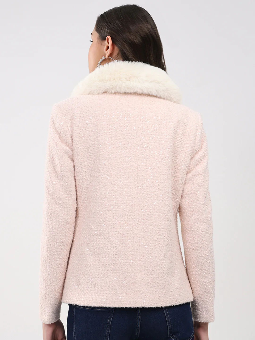 Women Peach Solid Collar Full Sleeve Coat - Image 5