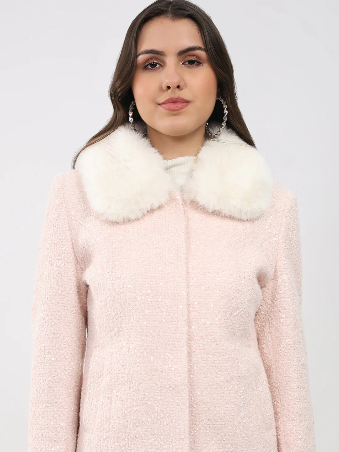Women Peach Solid Collar Full Sleeve Coat - Image 7