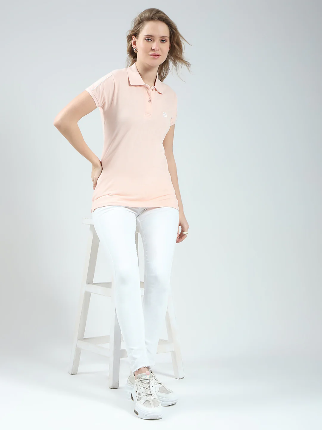 Rock.it Women Peach Solid Collar Half Sleeve T-Shirt - Image 2