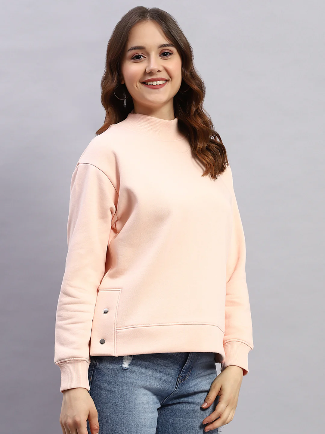 Rock.it Women Peach Solid High Neck Full Sleeve Sweatshirt - Image 4