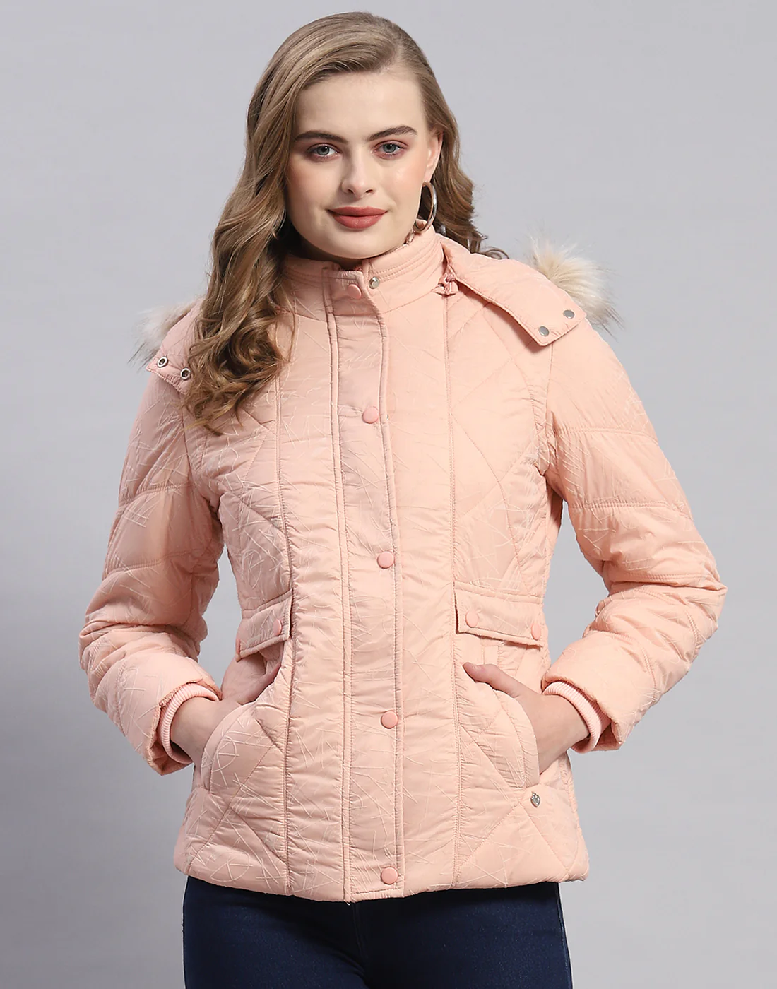 Women Peach Solid Hooded Full Sleeve Jacket - Image 2