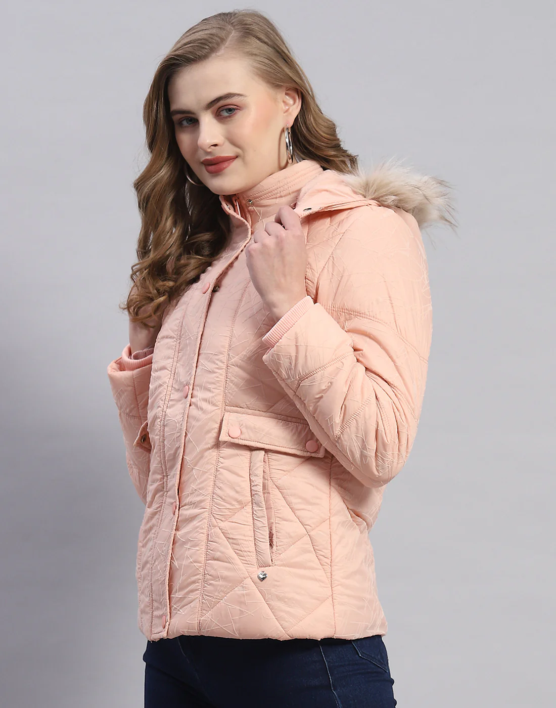 Women Peach Solid Hooded Full Sleeve Jacket - Image 3