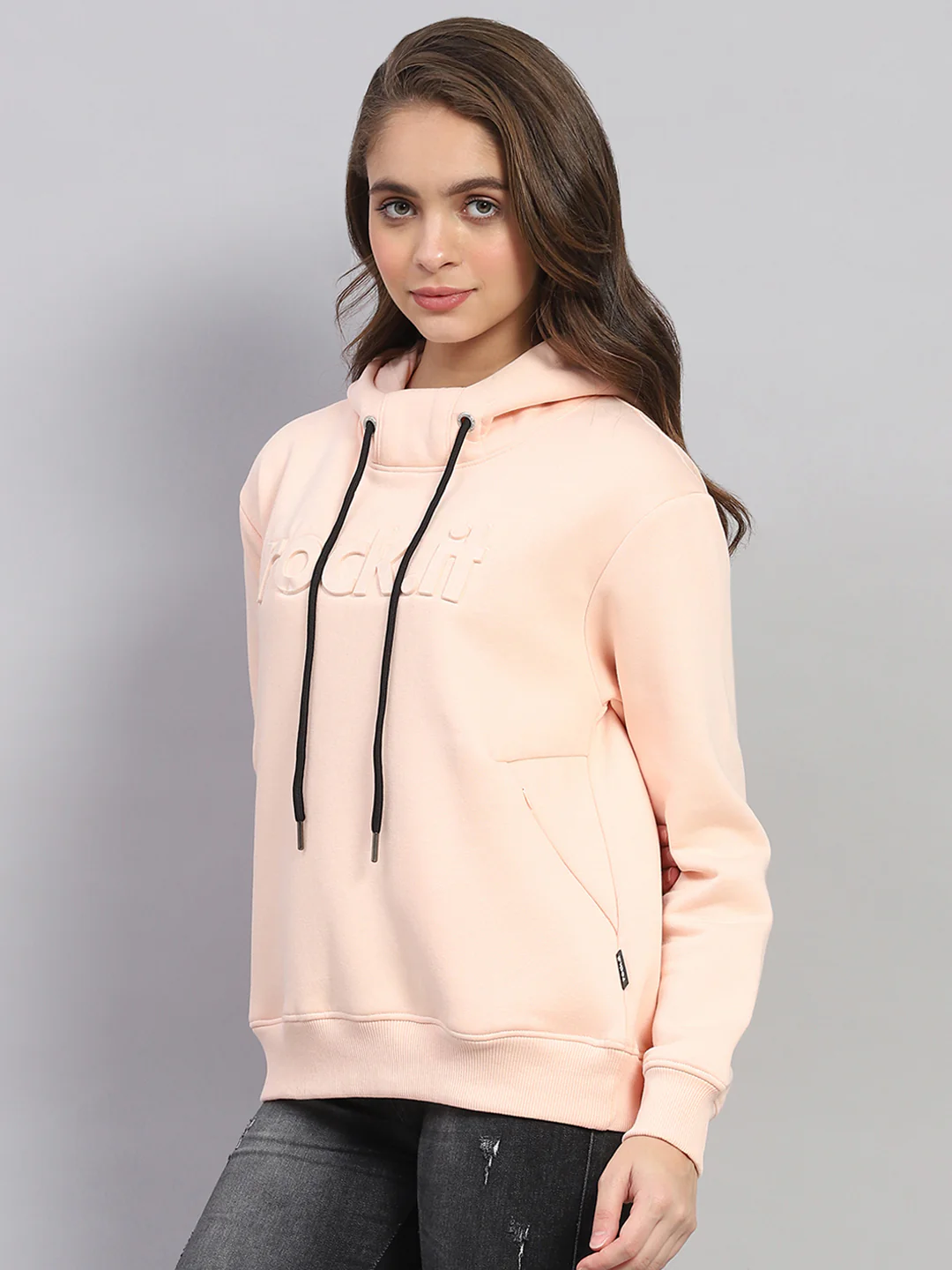 Rock.it Women Peach Solid Hooded Full Sleeve Sweatshirt - Image 3