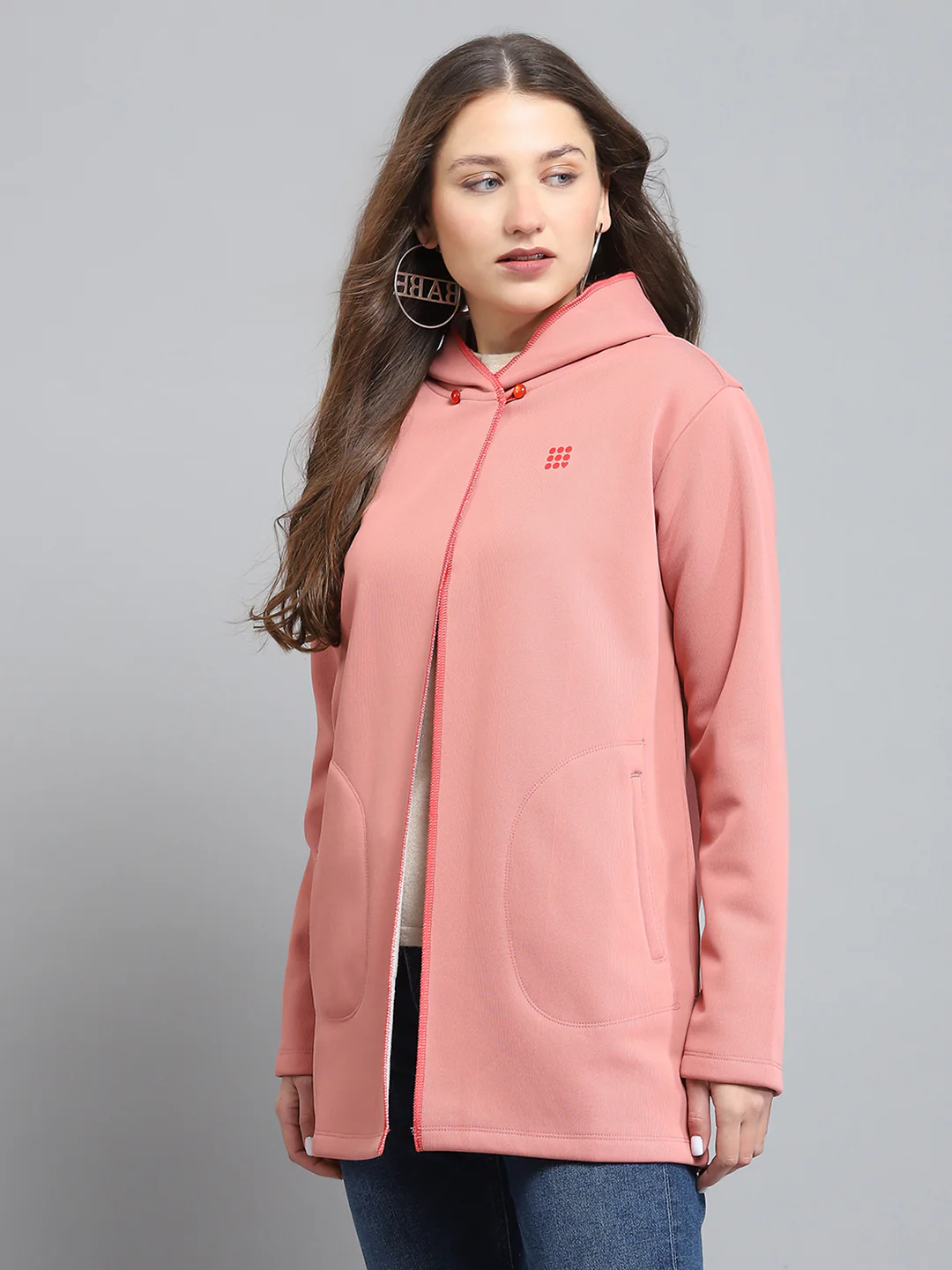 Rock.it Women Peach Solid Hooded Full Sleeve Sweatshirt - Image 3