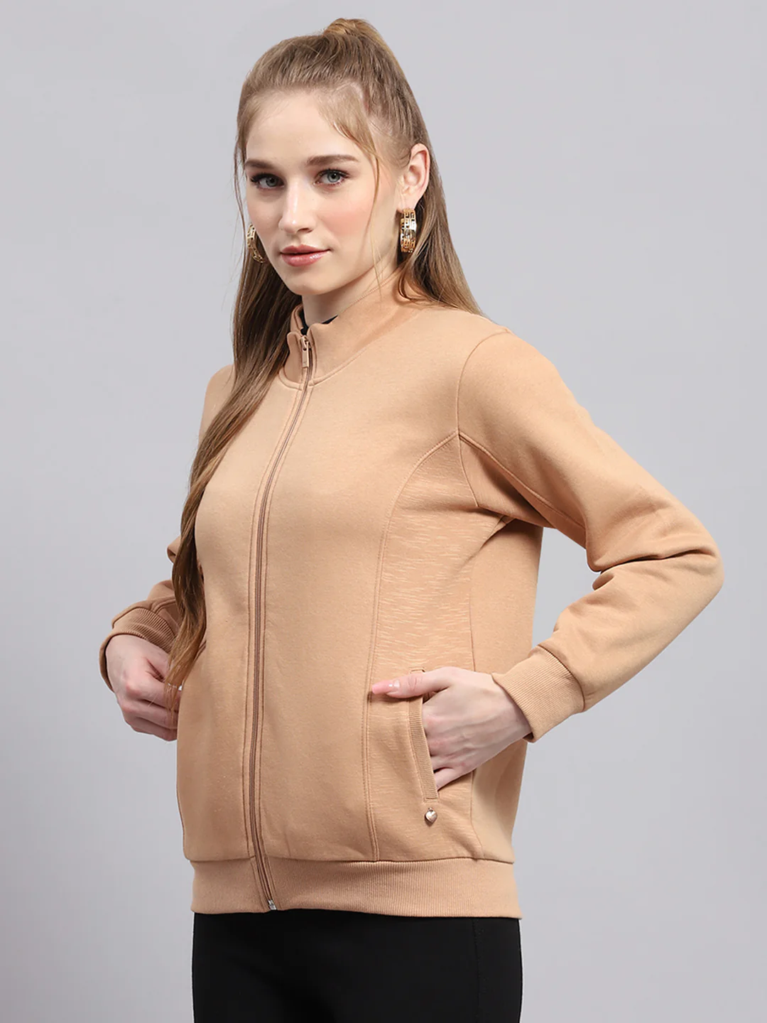 Women Peach Solid Mock Neck Full Sleeve Sweatshirt - Image 3