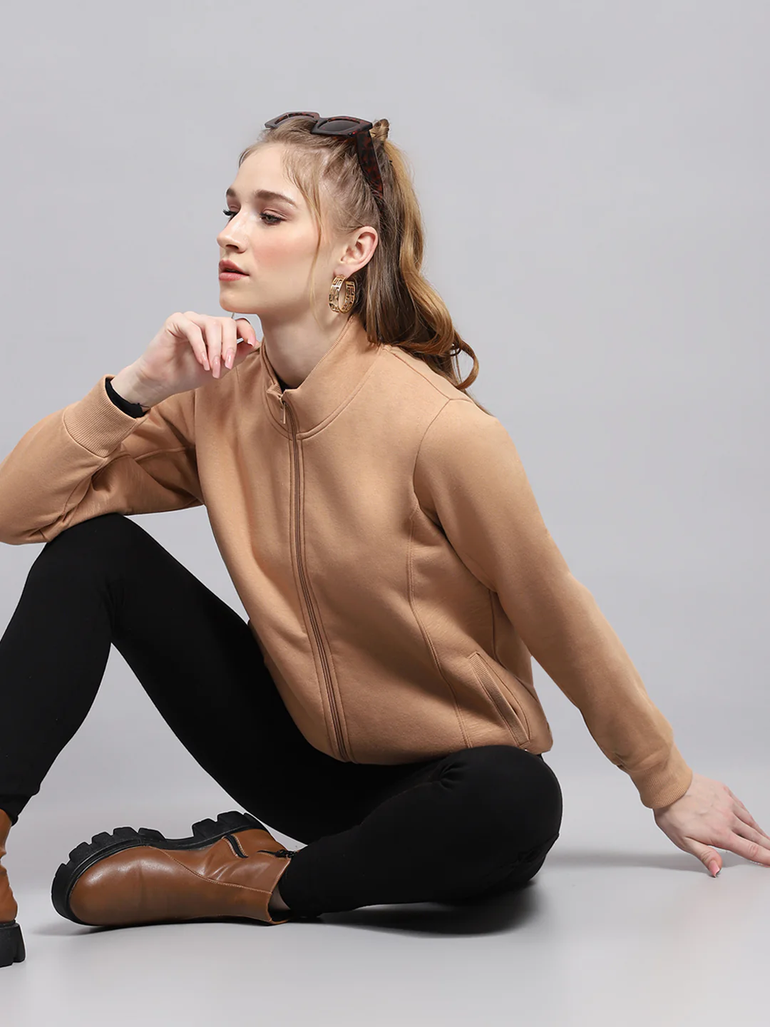 Women Peach Solid Mock Neck Full Sleeve Sweatshirt - Image 6