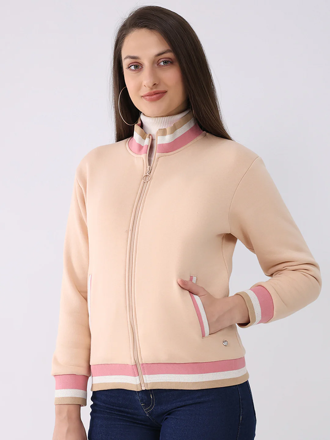 Women Peach Solid Mock Neck Full Sleeve Sweatshirt - Image 3