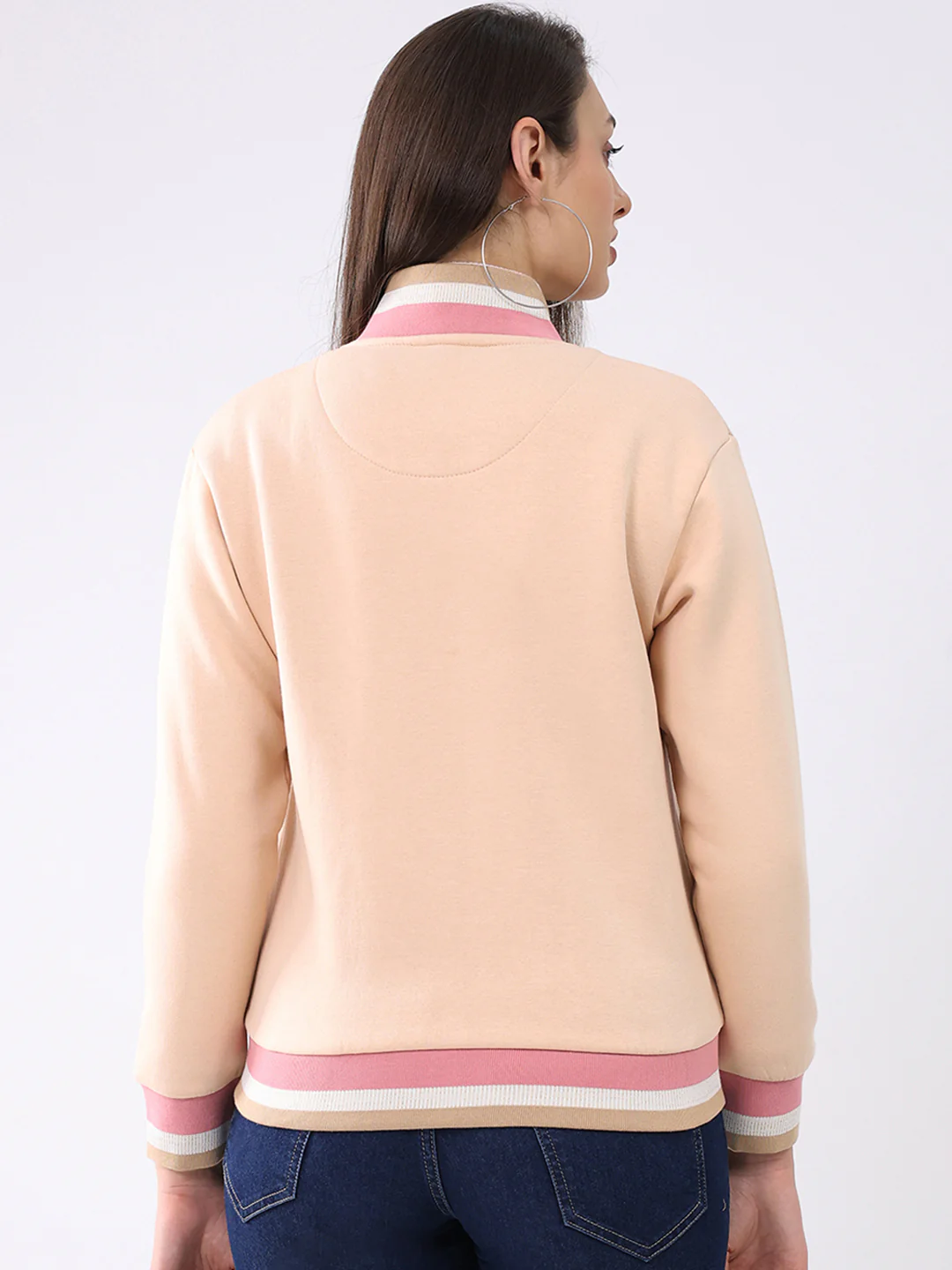 Women Peach Solid Mock Neck Full Sleeve Sweatshirt - Image 5