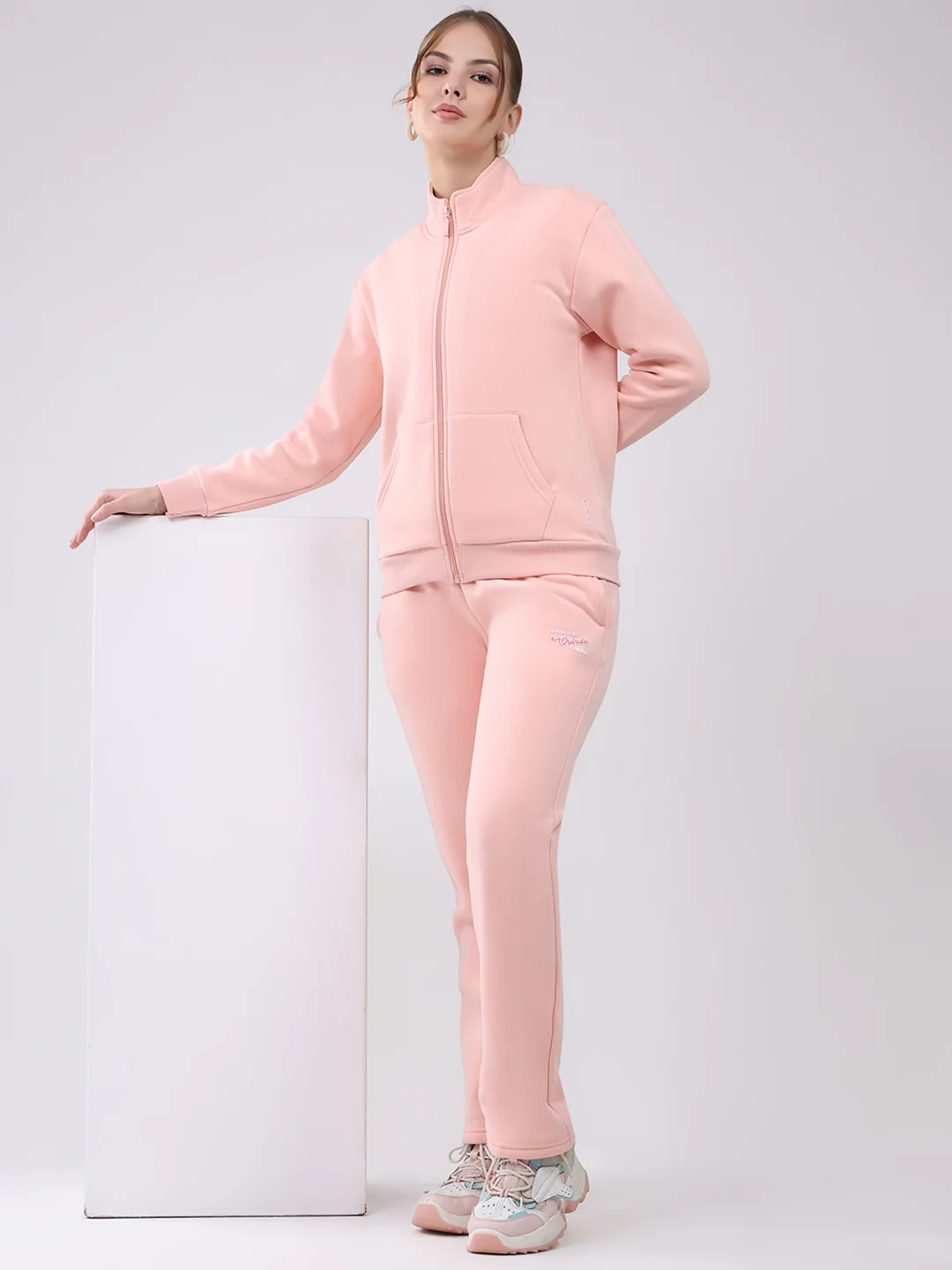 Women Peach Solid Mock Neck Full Sleeve Winter Tracksuit - Image 2