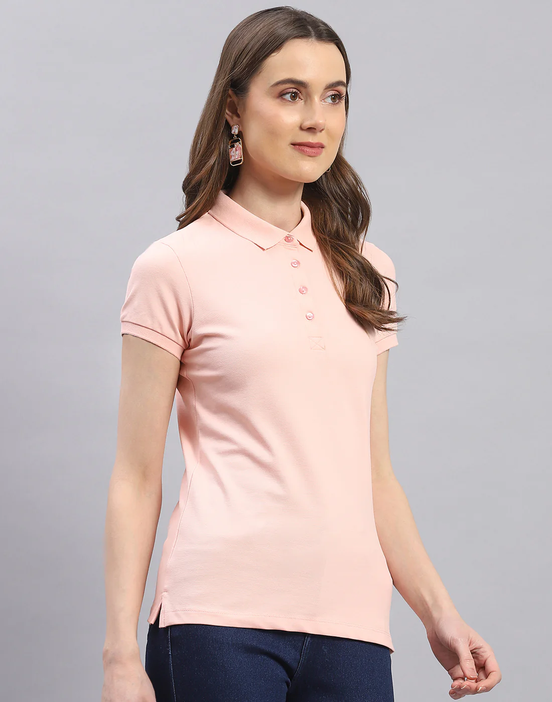 Women Peach Solid Polo Collar Half Sleeve T-Shirt - Image 4