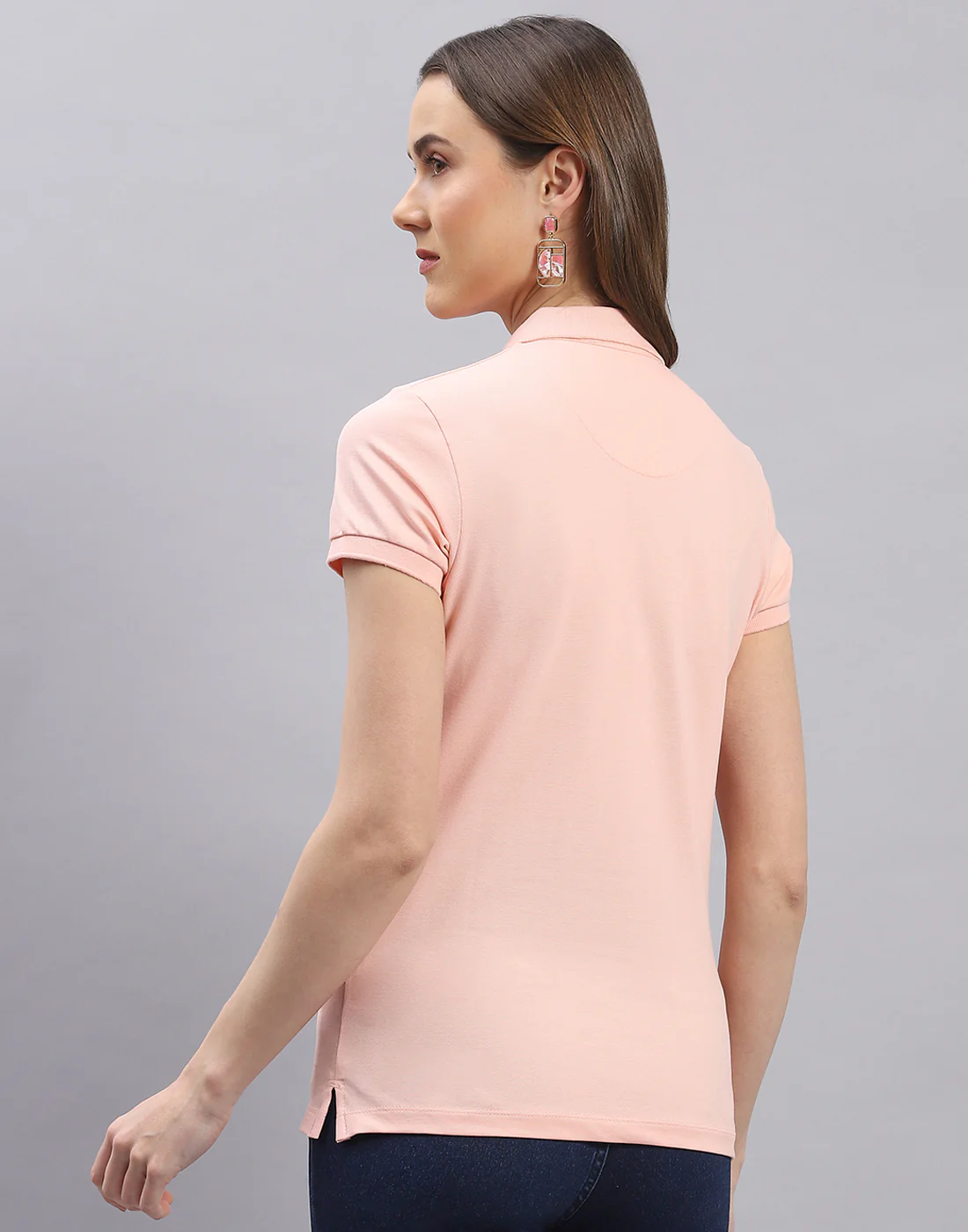 Women Peach Solid Polo Collar Half Sleeve T-Shirt - Image 5