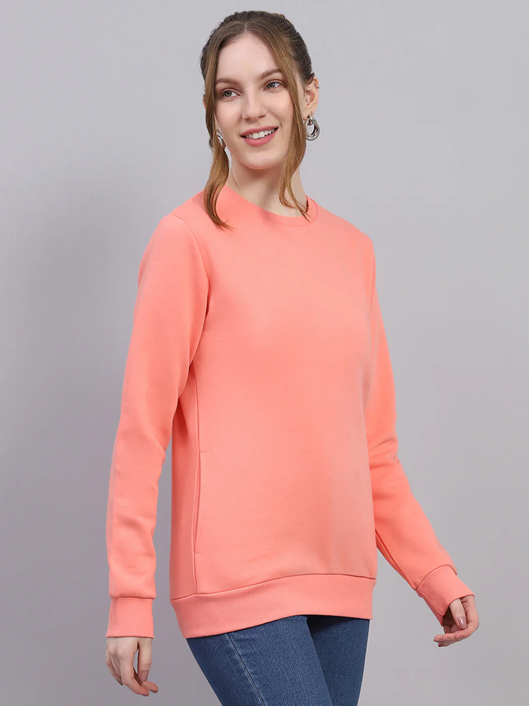 Women Peach Solid Round Neck Full Sleeve Sweatshirt - Image 4