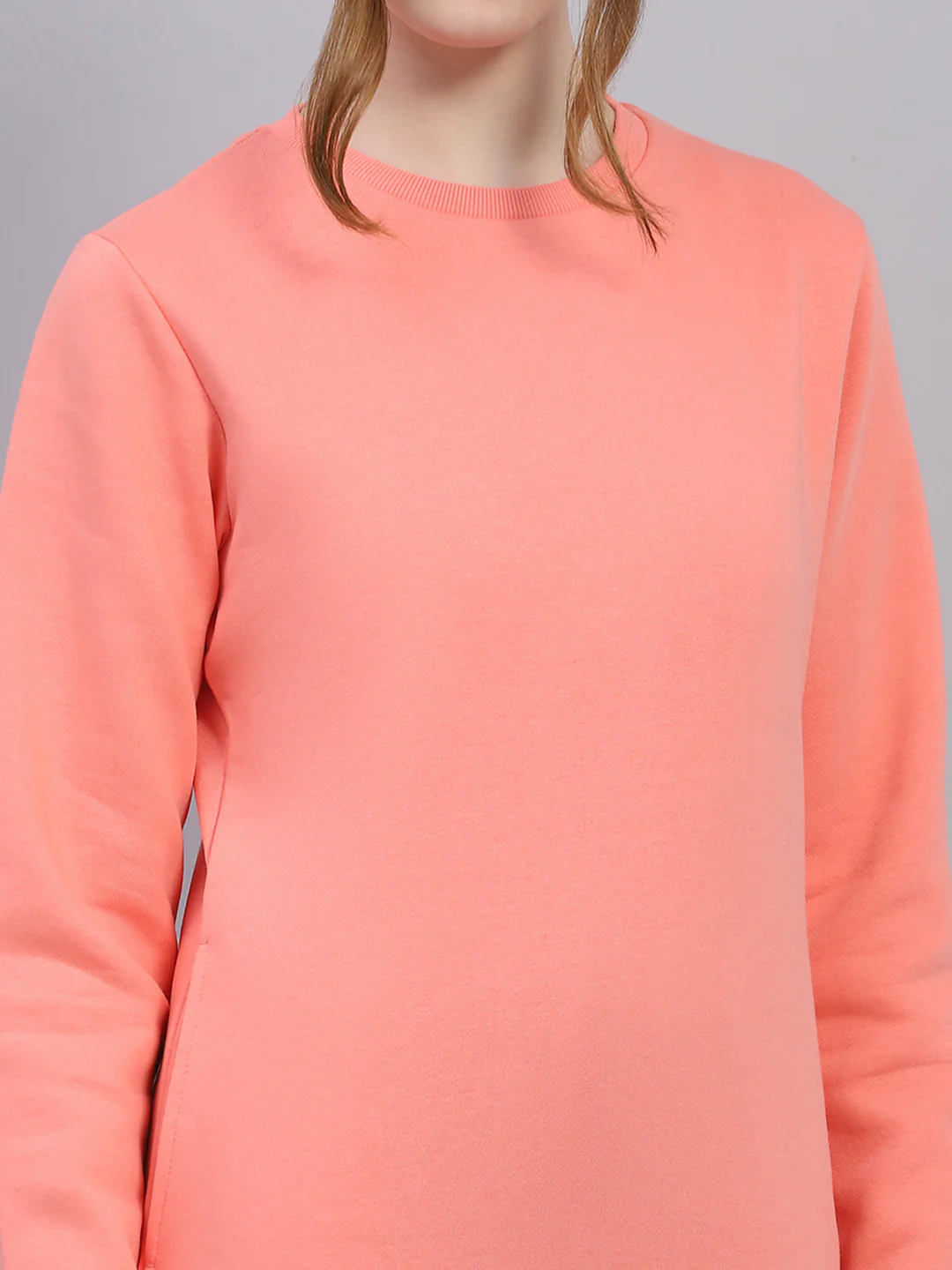 Women Peach Solid Round Neck Full Sleeve Sweatshirt - Image 6