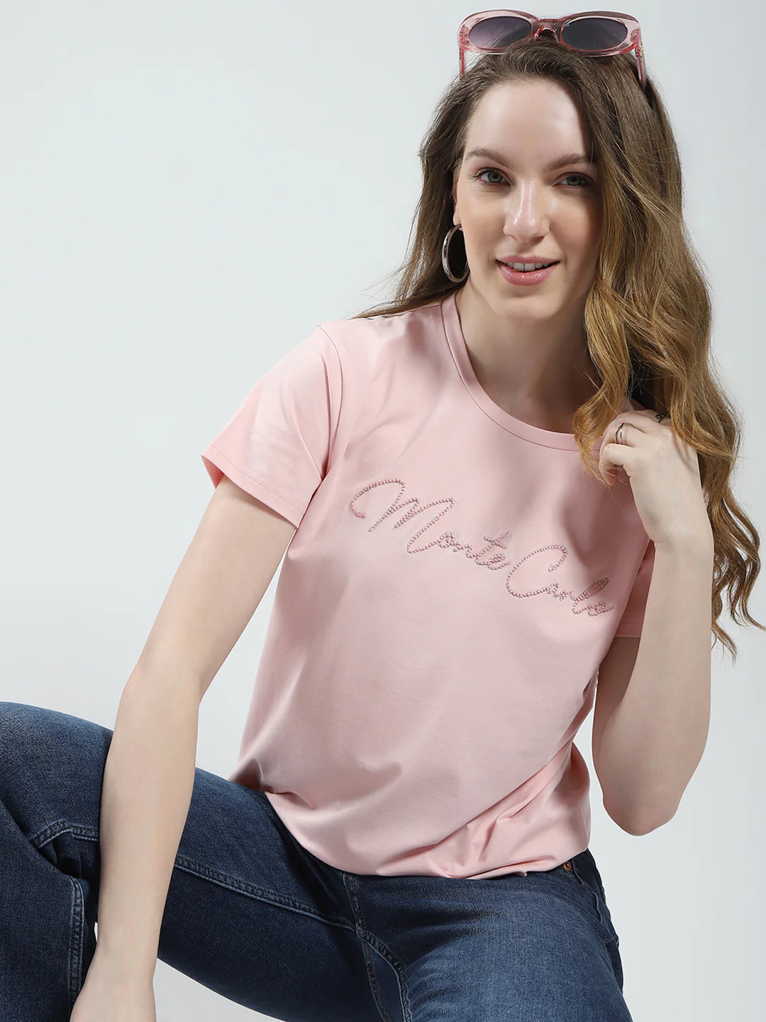 Women Peach Solid Round Neck Half Sleeve Top - Image 6