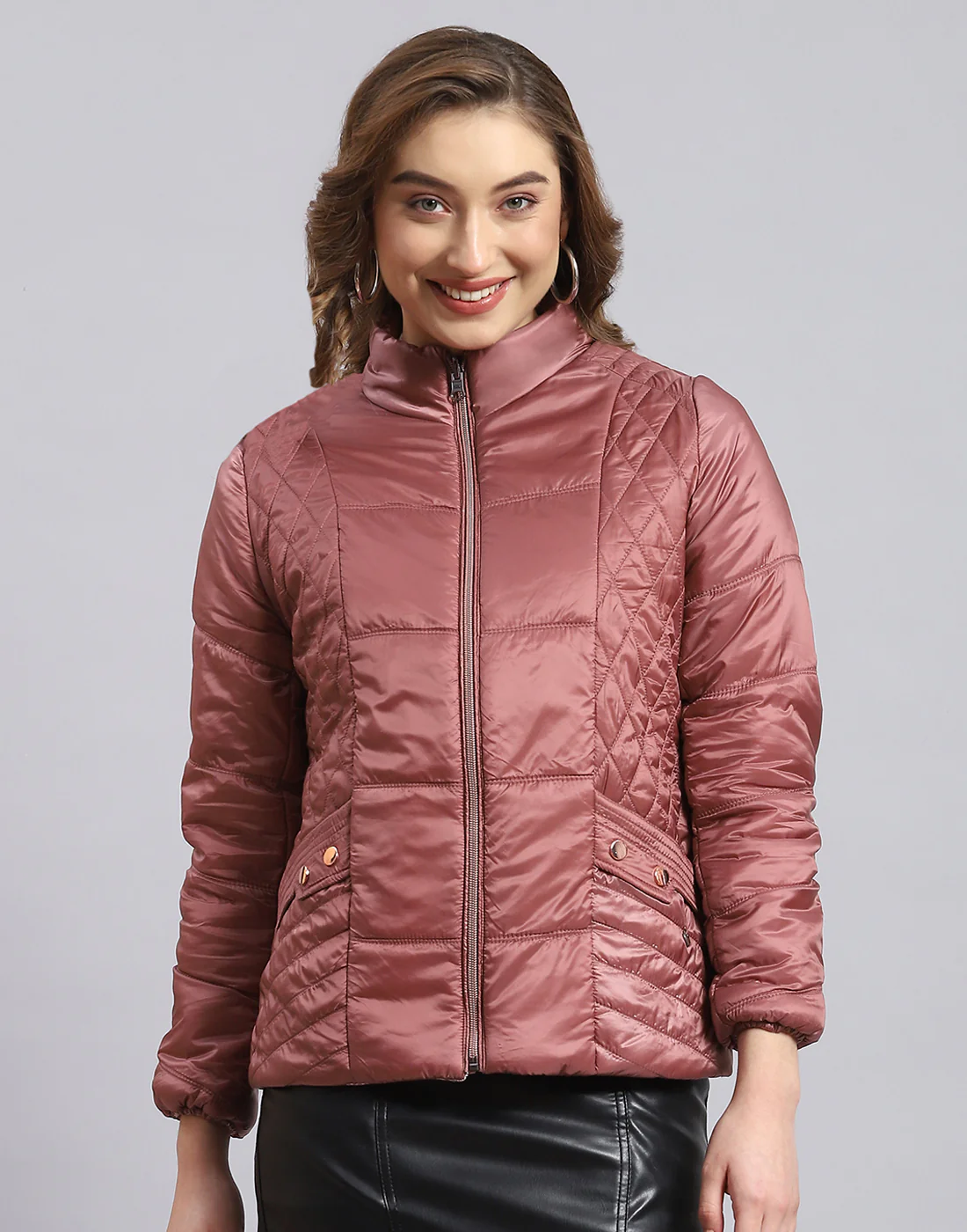 Women Peach Solid Stand Collar Full Sleeve Jacket - Image 2