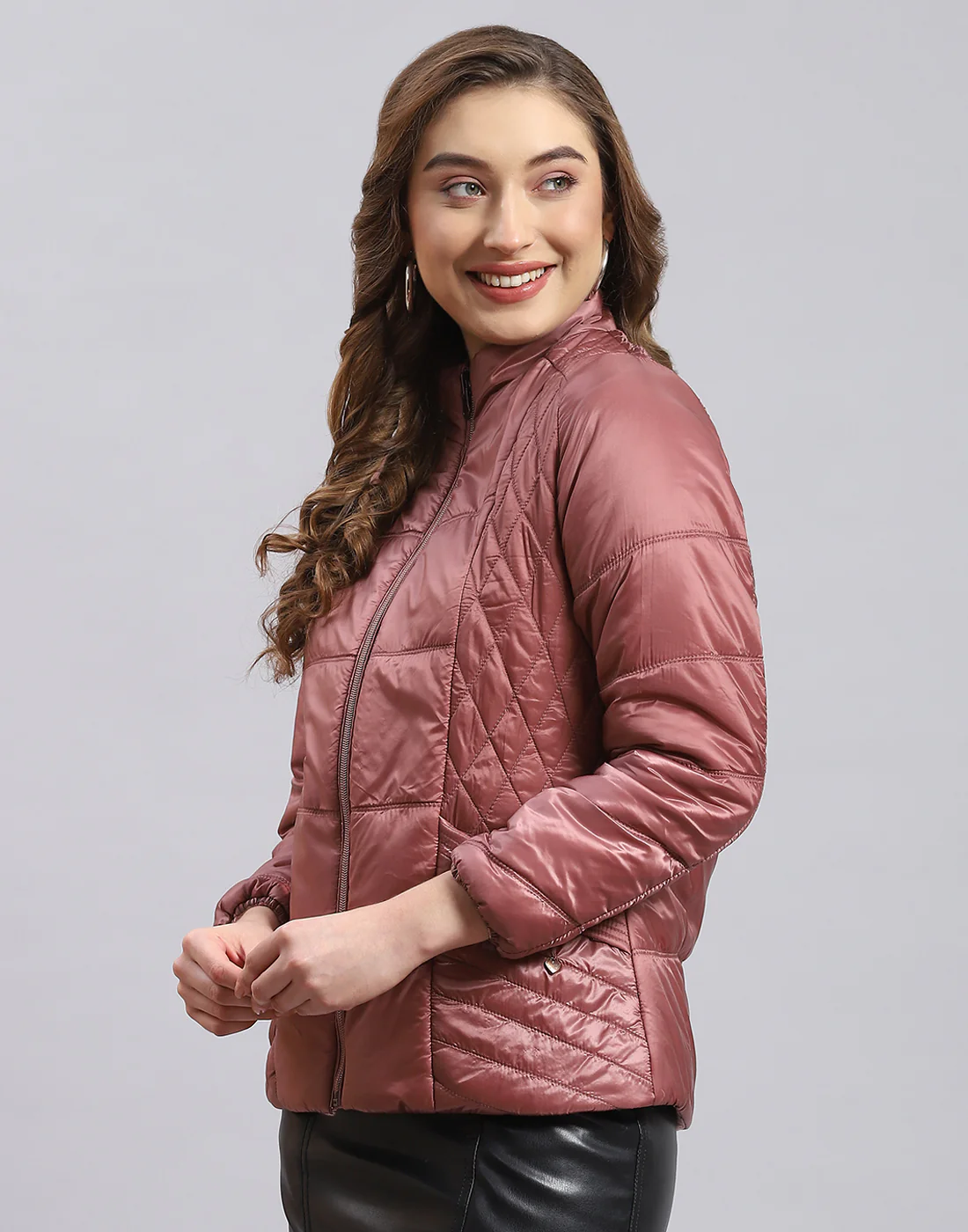 Women Peach Solid Stand Collar Full Sleeve Jacket - Image 3