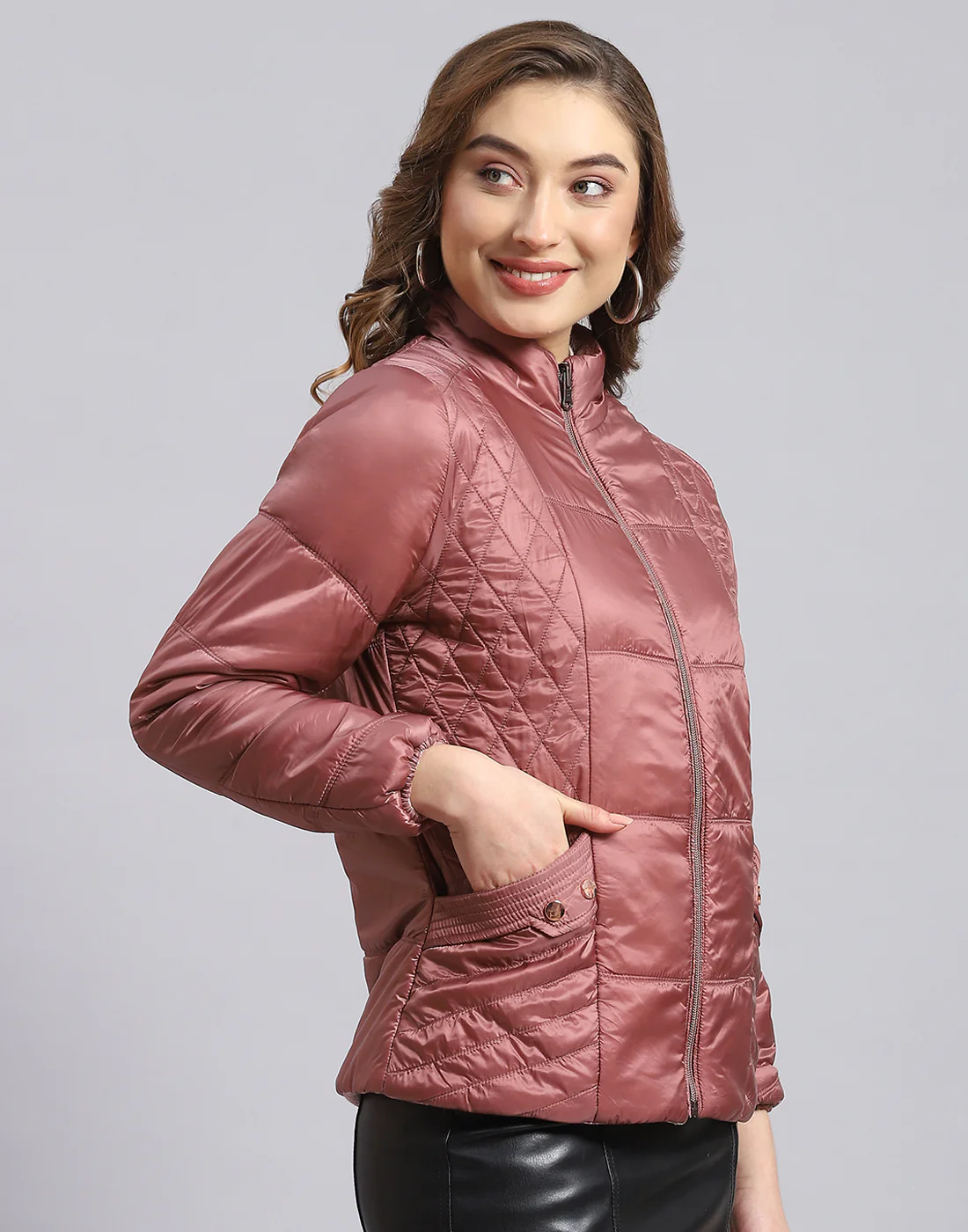 Women Peach Solid Stand Collar Full Sleeve Jacket - Image 4