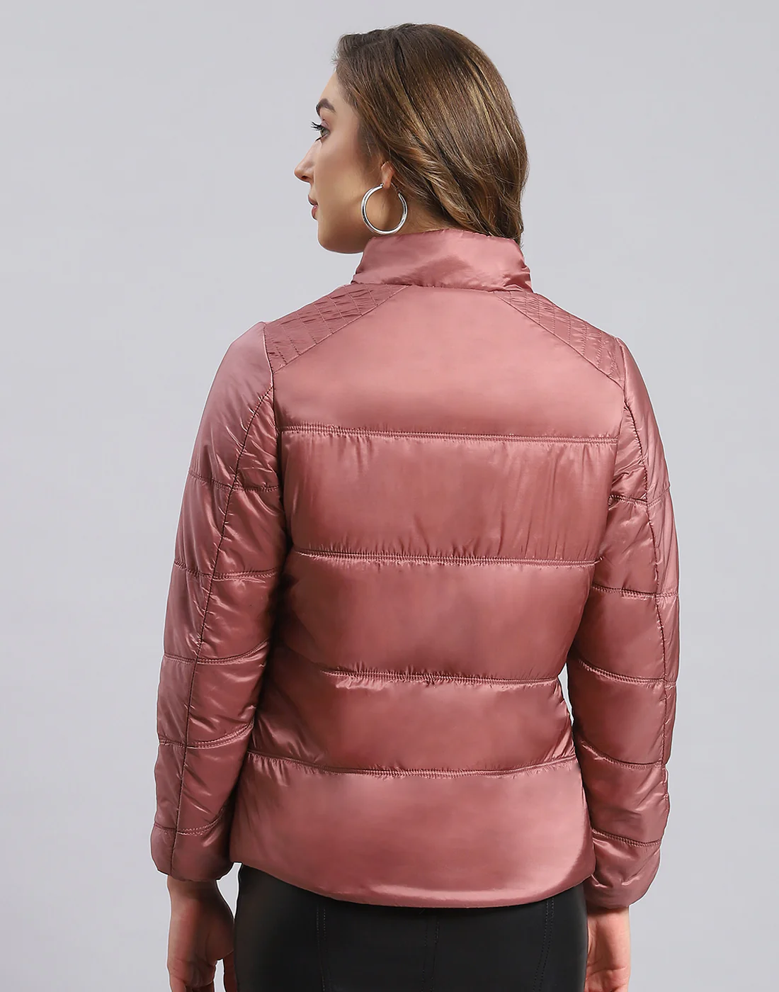 Women Peach Solid Stand Collar Full Sleeve Jacket - Image 5