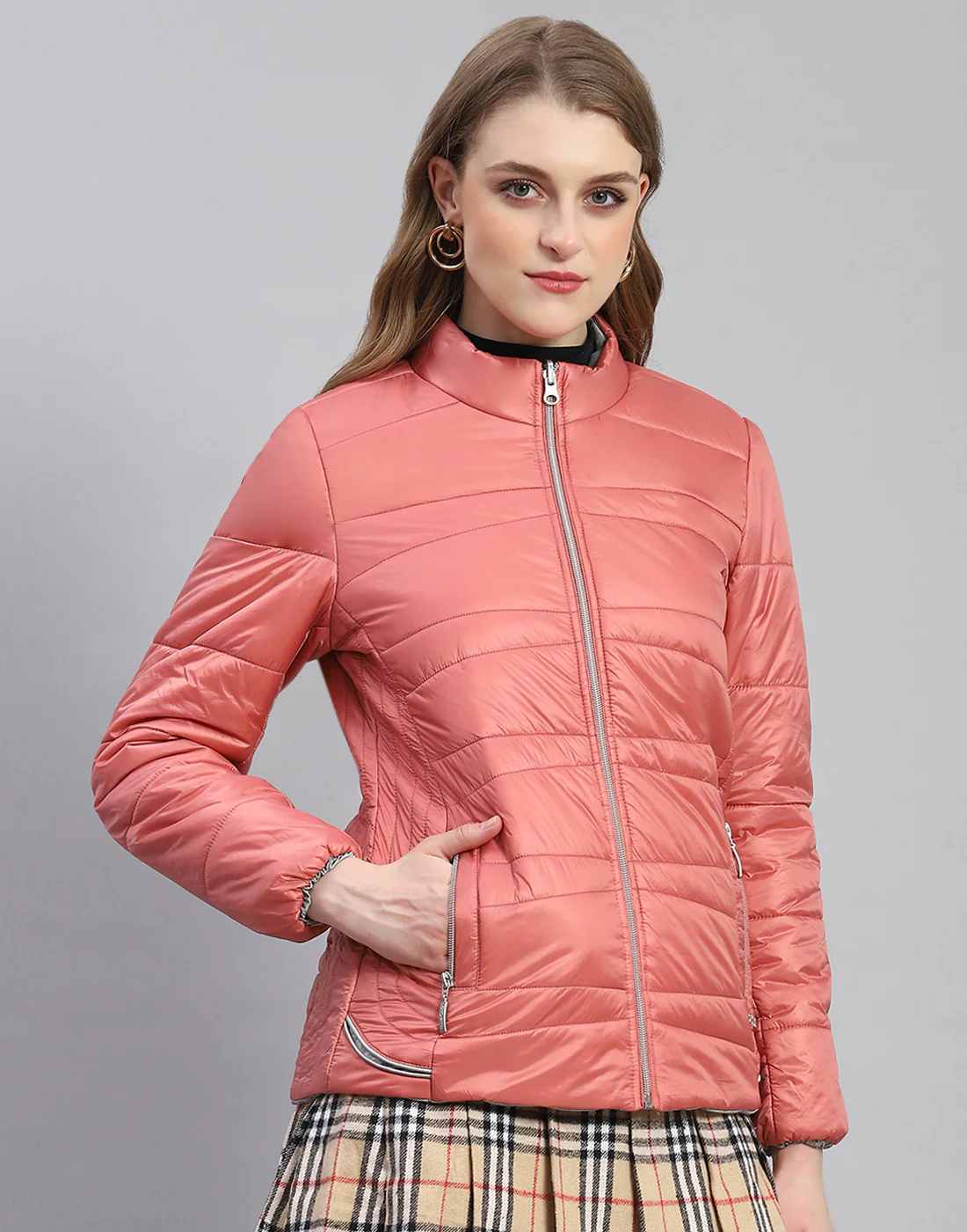 Women Peach Solid Stand Collar Full Sleeve Jacket - Image 5