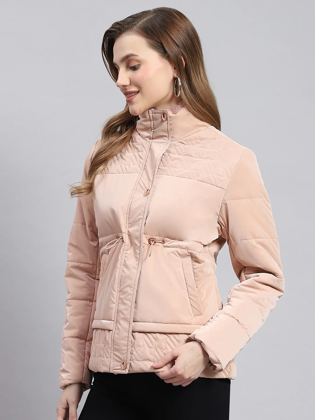 Women Peach Solid Stand Collar Full Sleeve Jackets - Image 3