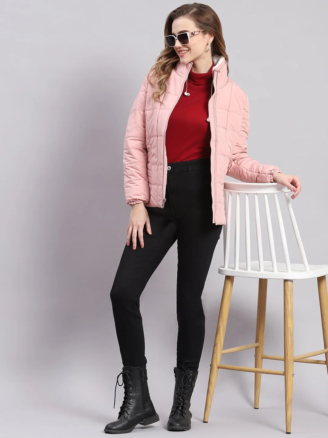 Women Peach Solid Stand Collar Full Sleeve Jackets - Image 2