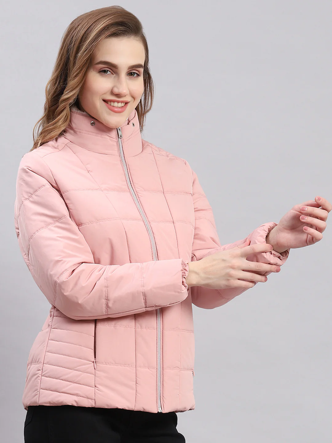 Women Peach Solid Stand Collar Full Sleeve Jackets - Image 4