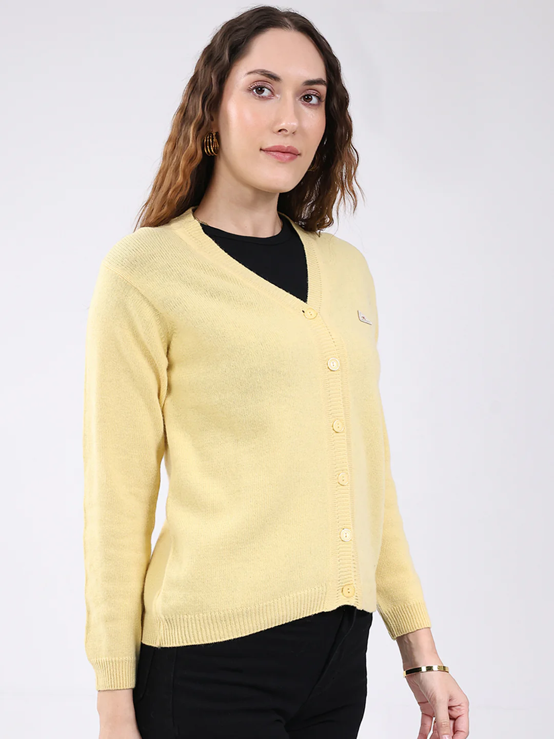 Women Peach Solid V Neck Full Sleeve Cardigan - Image 4