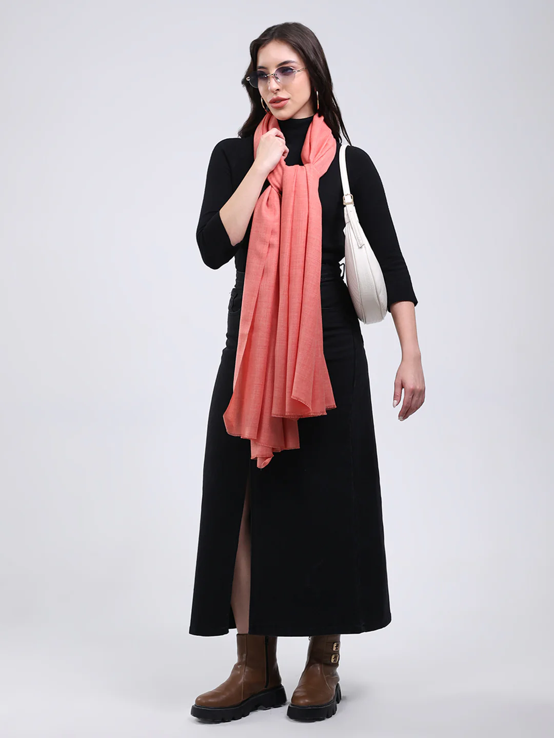 Women Peach Solid Wool Blend Shawl - Image 5