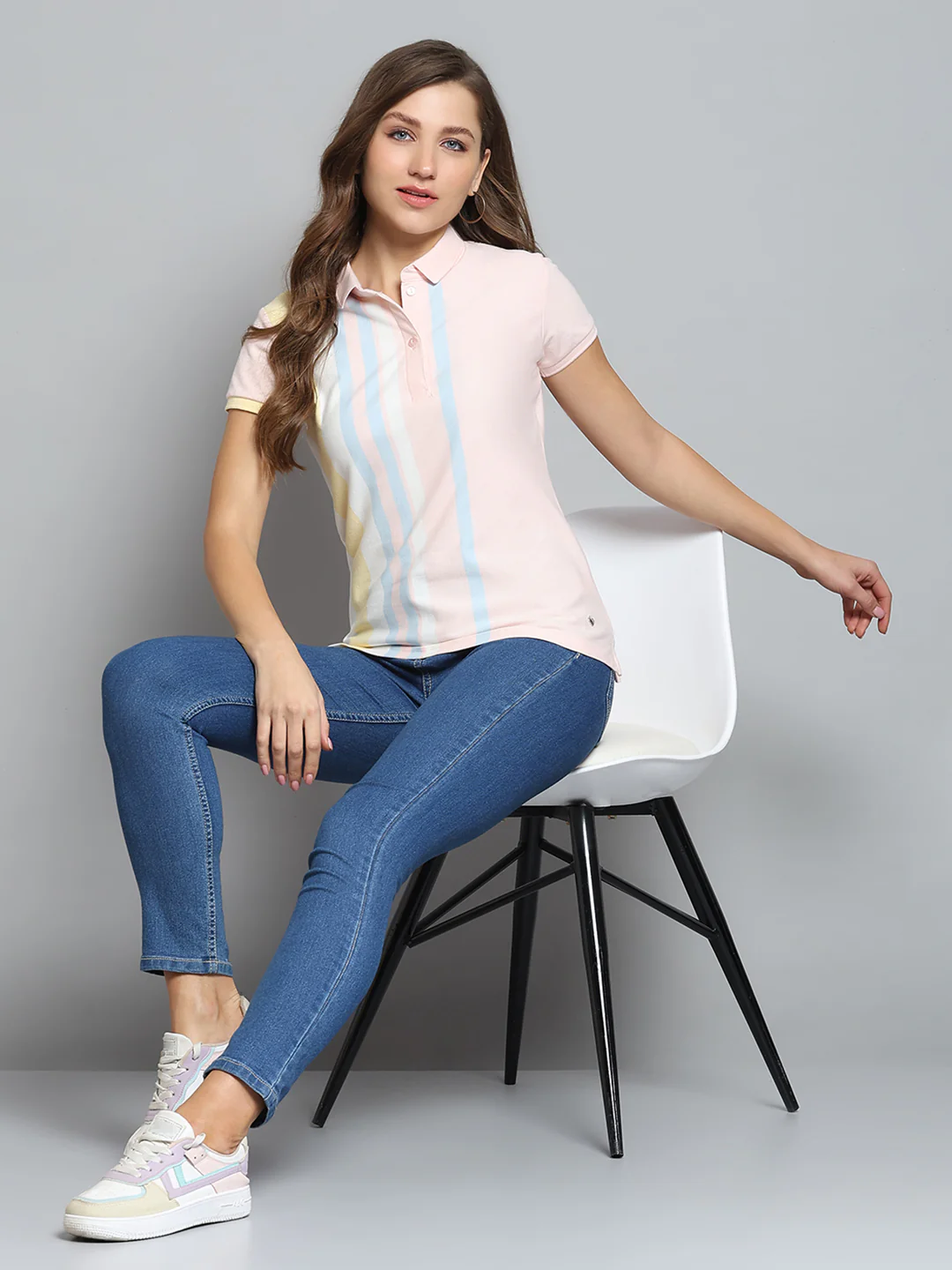 Women Peach Stripe Collar Half Sleeve T-Shirt - Image 2