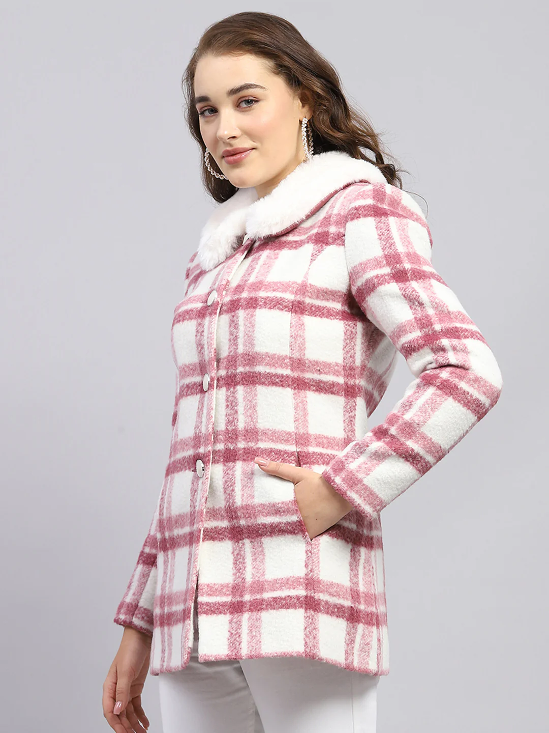 Women Pink Check Collar Full Sleeve Coat - Image 3