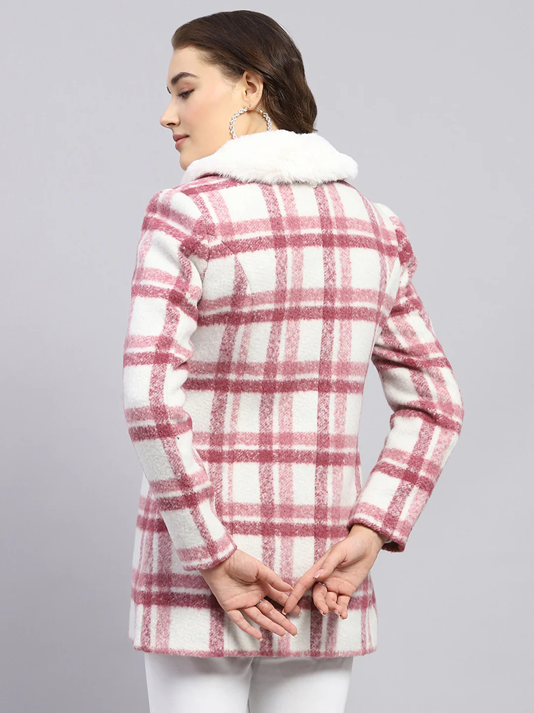 Women Pink Check Collar Full Sleeve Coat - Image 5