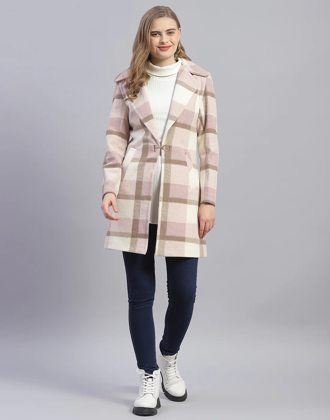 Women Pink Check Lapel Collar Full Sleeve Coat - Image 2