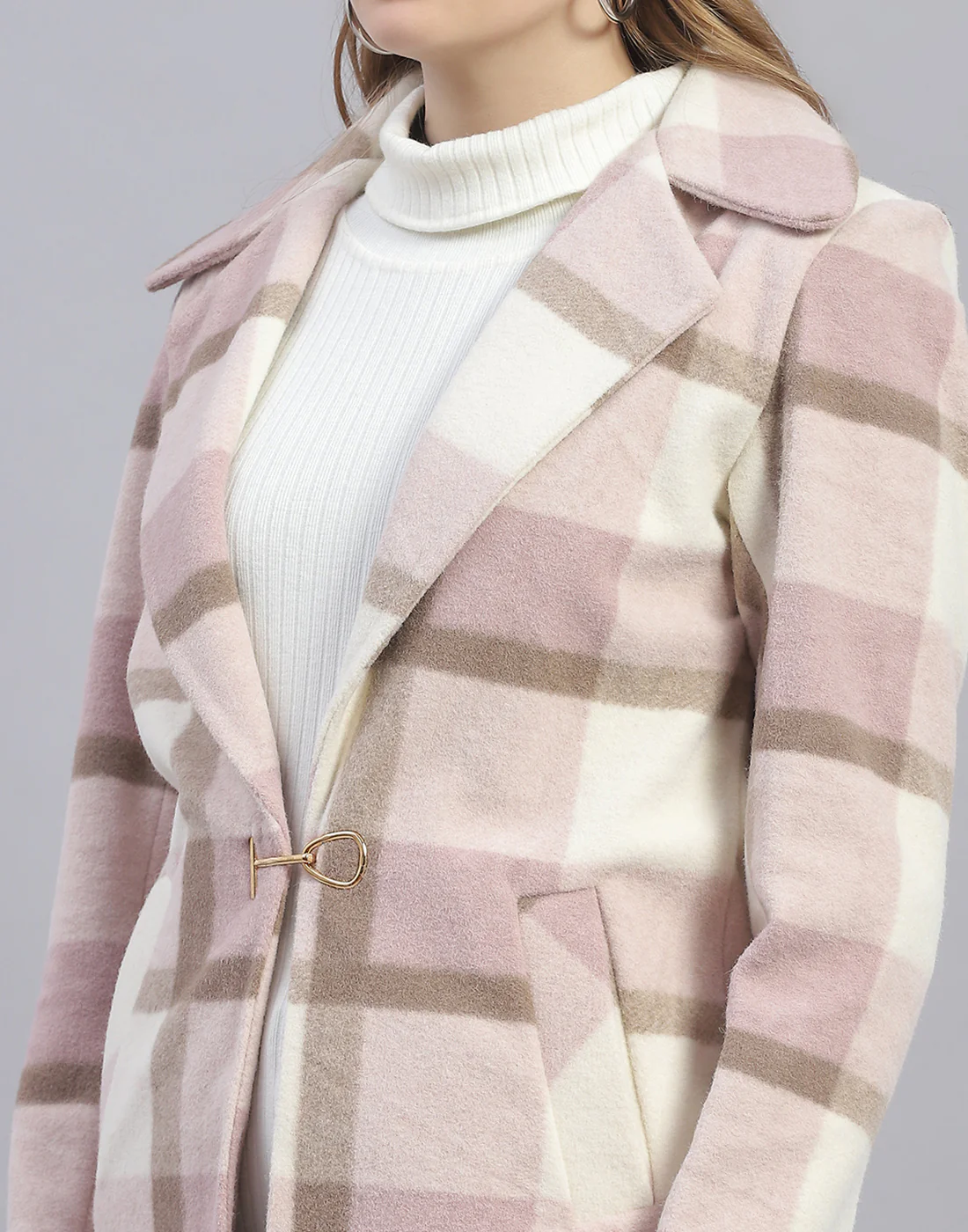 Women Pink Check Lapel Collar Full Sleeve Coat - Image 8