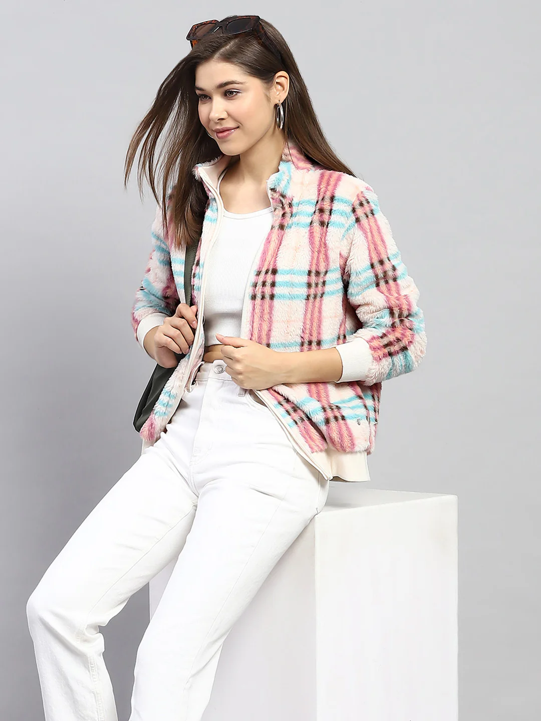 Women Pink Check Mock Neck Full Sleeve Sweatshirt - Image 6