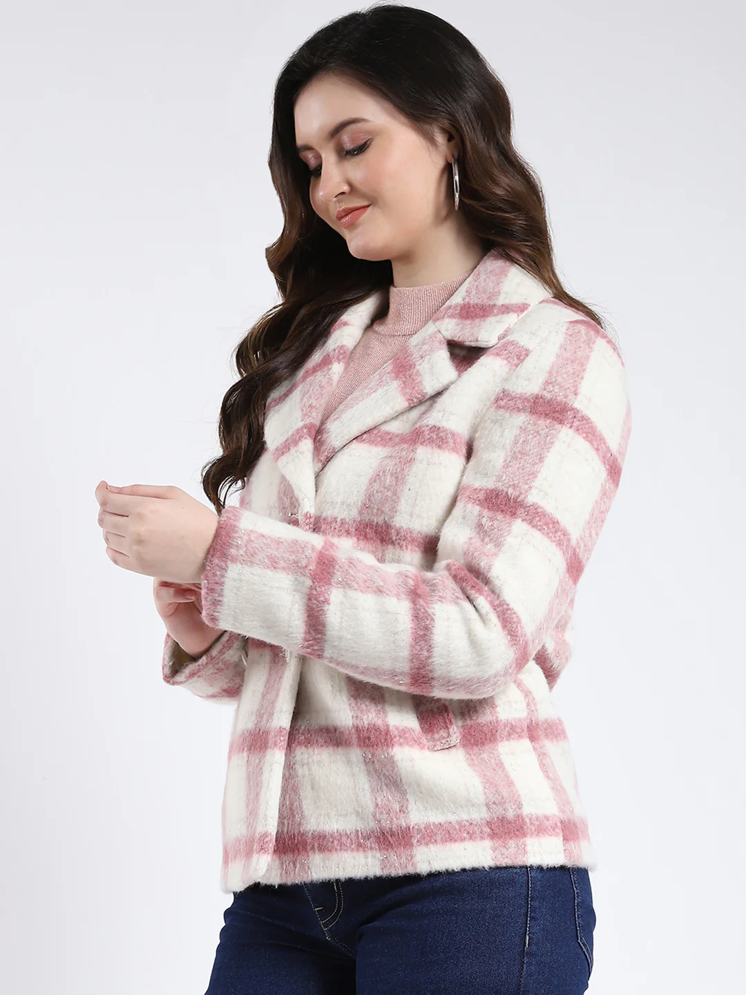 Women Pink Check Notch Lapel Collar Full Sleeve Coat - Image 3
