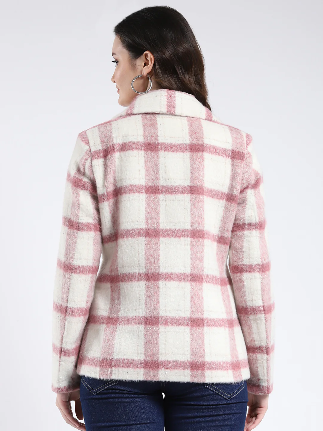 Women Pink Check Notch Lapel Collar Full Sleeve Coat - Image 5