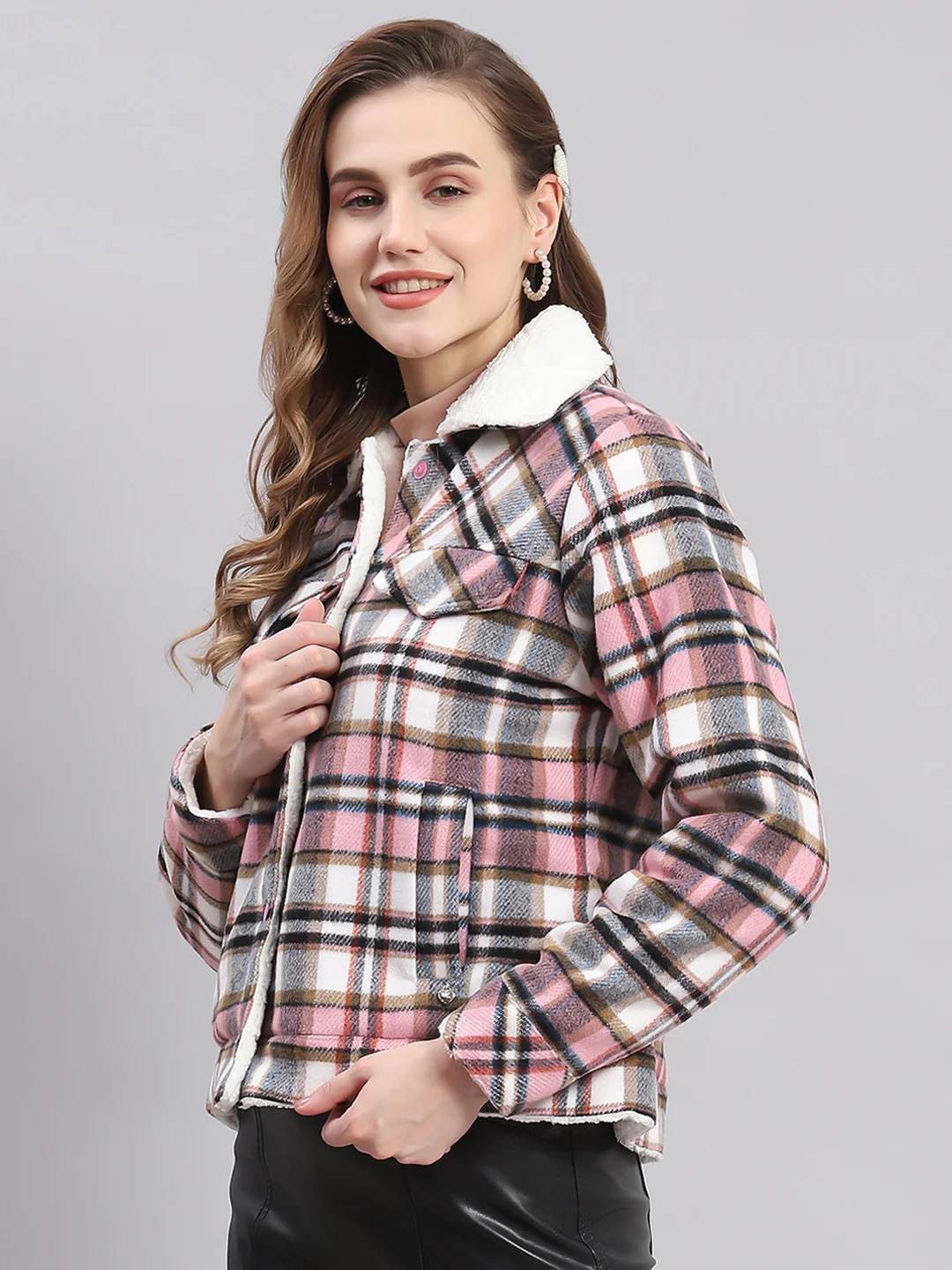 Women Pink Check Spread Collar Full Sleeve Jackets - Image 5