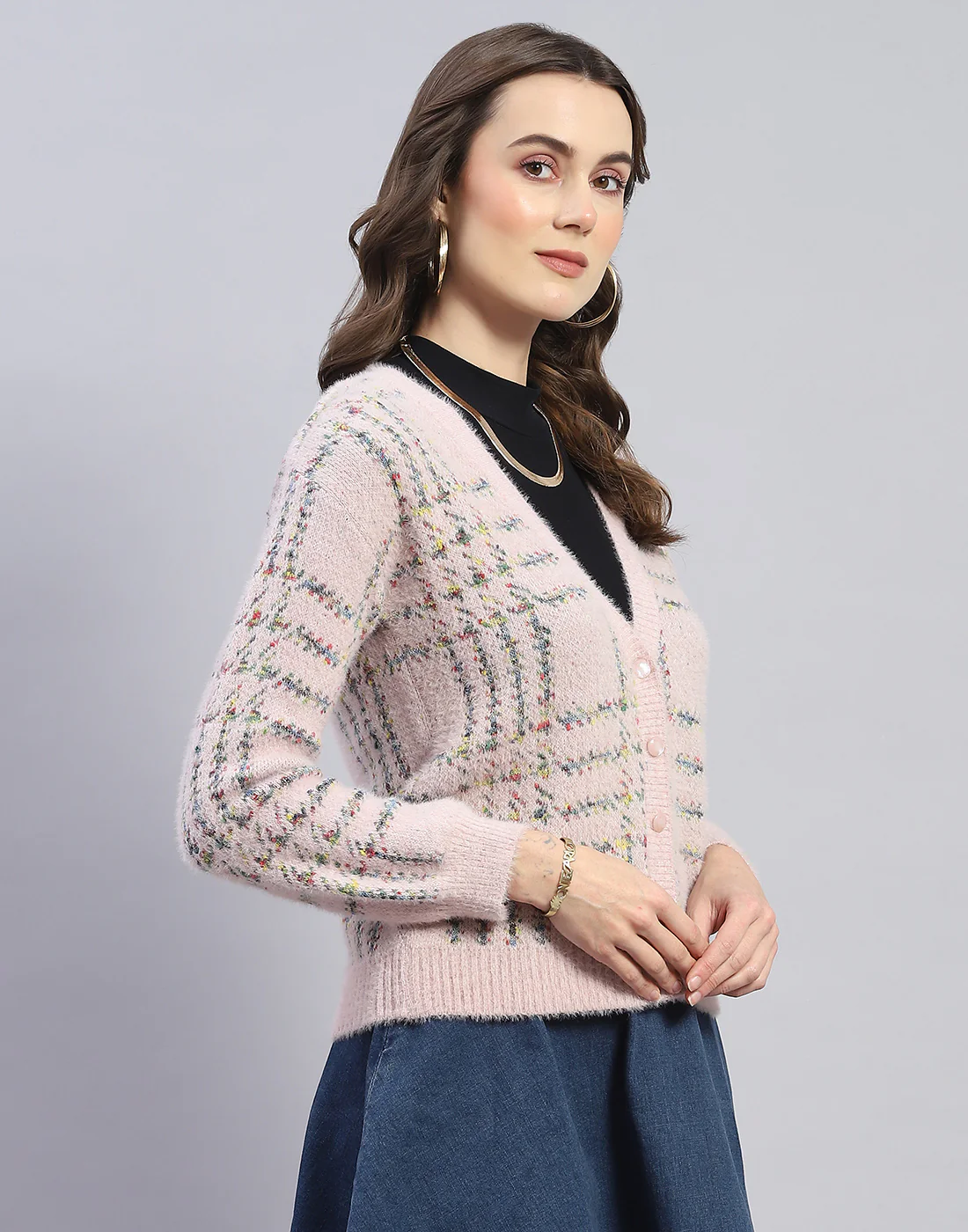Women Pink Check V Neck Full Sleeve Cardigan - Image 4