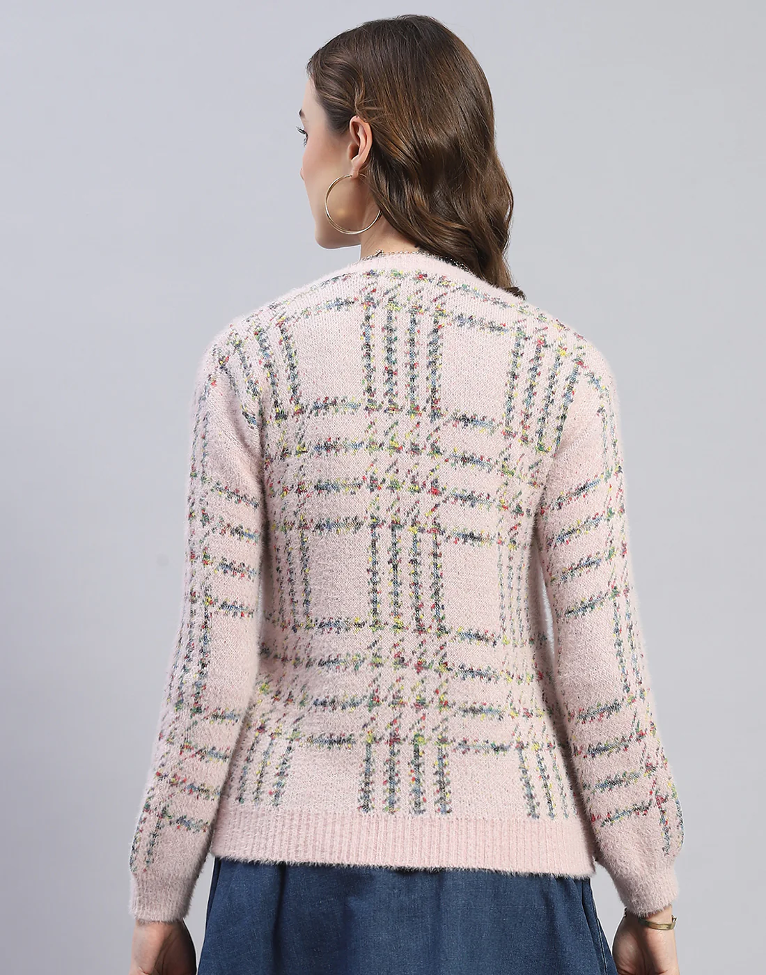 Women Pink Check V Neck Full Sleeve Cardigan - Image 5